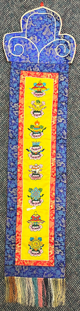 EIGHT AUSPICIOUS SYMBOL EMBOIDERED WALL HANGING BLUE BORDER
